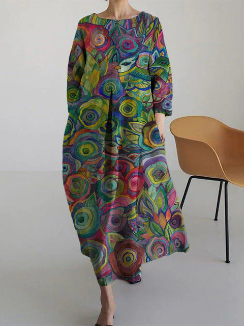 Robe ample à col ras du cou et manches longues imprimée haut de gamme m301044