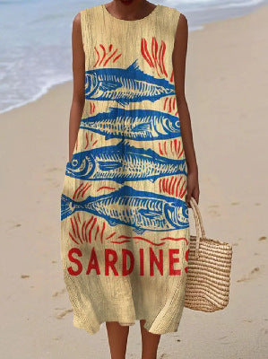 New sleeveless casual printing temperament long dress dress slim fit small fresh casual dress m301521