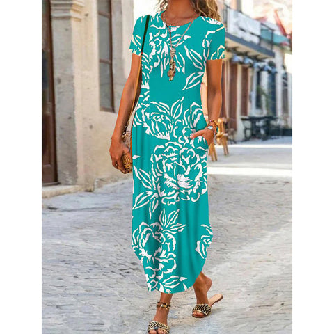 Rundhals-Tasche Kurzarm-Trend-Print-Kleid m300031 