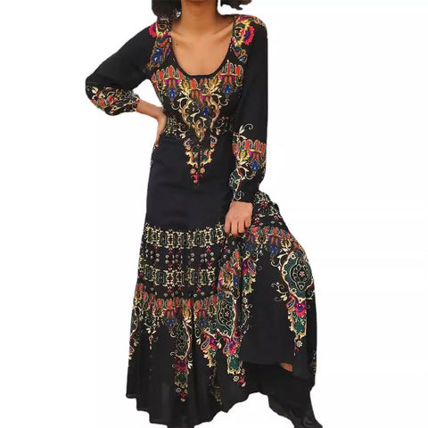 Temperament elegantes Langarmkleid Herbstdruck U-Ausschnitt Strandurlaubsstil langes Kleid m300927 