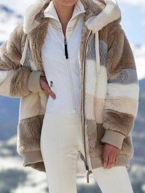 Warm plush patchwork zipper pocket hooded loose coat women m300611