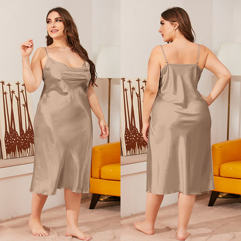 Chemise de nuit en soie glacée pour femme, tenue d'été une pièce, col pivotant, bretelles, ample, m301494 