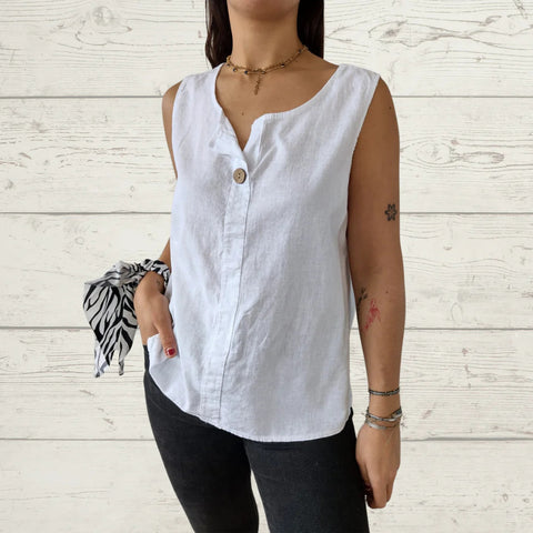 Lockeres Weste-Shirt Damen V-Ausschnitt Baumwolle und Leinen Button-Up Top Damen m301206 