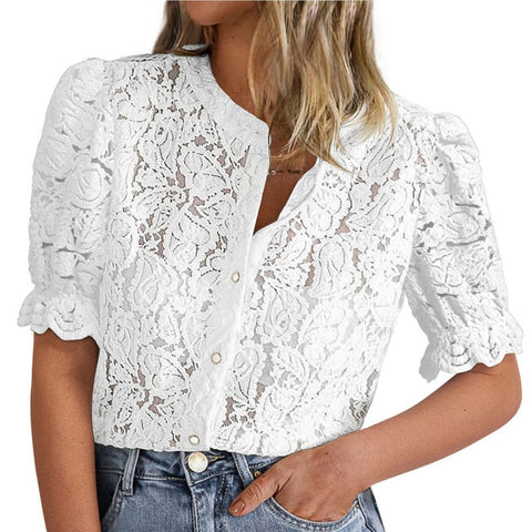 Ladies Summer Lace Short Sleeve Casual Shirt Button Shirt m302652