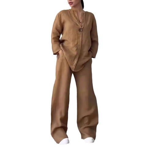 Women's comfortable loose top wide-leg pants casual cotton and linen suit m302154