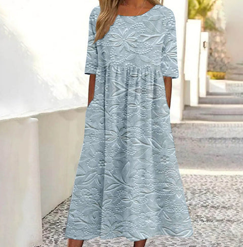 Robe longue décontractée à col ras du cou et manches courtes pour femme, imprimé 3D, taille plissée, style trapèze, m301299 
