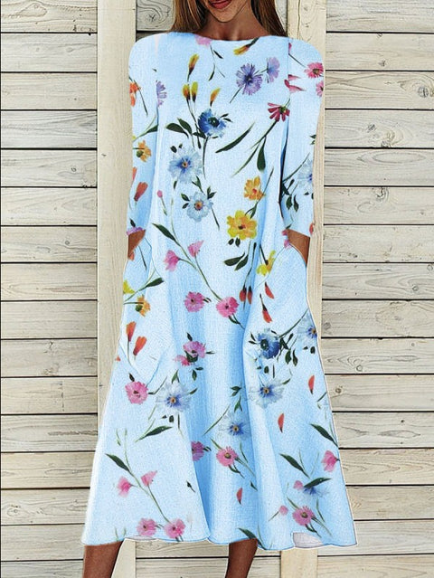 Robe longue ample en coton et lin imprimé à manches 7 points, style décontracté, m300731 
