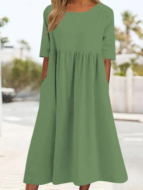 Neues lässiges Kurzarmkleid aus Baumwolle und Leinen mit Falten und Rundhalsausschnitt, m300890 