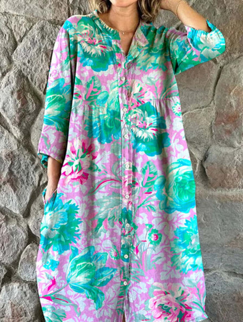 Lockeres Damen-Hemdkleid mit Rundhalsausschnitt, modisch, Premium, langärmlig, bedruckt, m301050