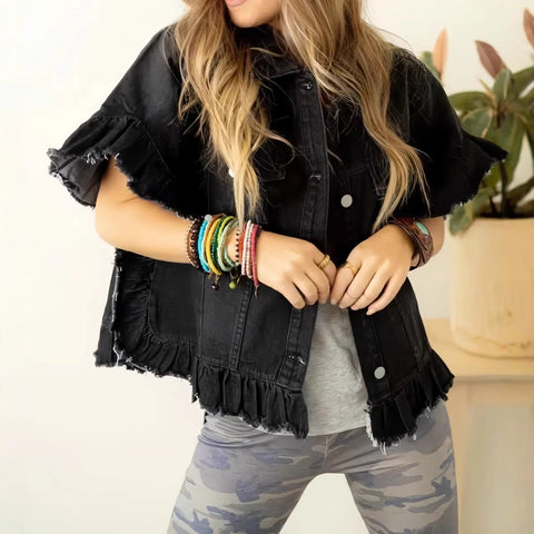 Women's denim short-sleeved ruffled fringed hem denim top m303100