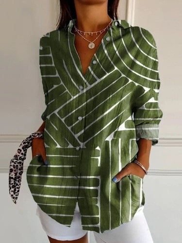 3D digital printing abstract pattern women's long-sleeved buckle linen shirt m302749-03