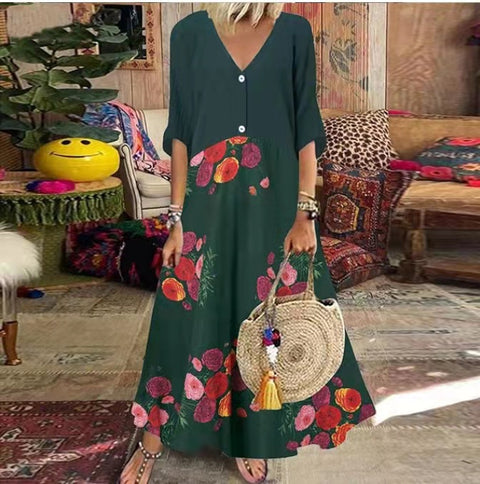 V-Ausschnitt Kurzarm Bedrucktes Langes Kleid Knopf Freizeitrock M300187 