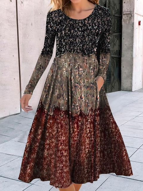 Rundhalsausschnitt, Langarm, lockeres Pendelkleid mit geometrischem Muster, bedruckt, m300700 
