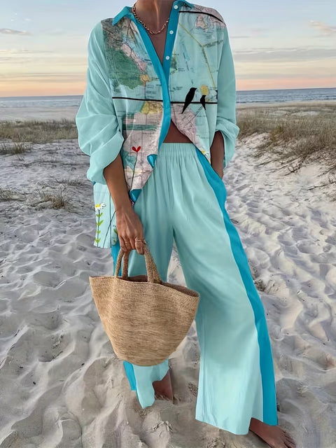 Linglong hemp fish shading casual suit loose sports wide-leg pants marine element casual shirt m303169