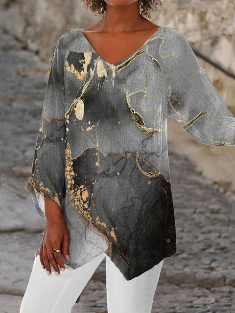 Damen-T-Shirt mit V-Ausschnitt und neunviertellangen Ärmeln und Tiermotiven, lockeres Motiv, m301289 