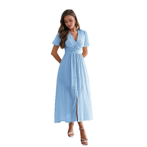 Langes Kleid im Urlaubsstil mit tiefem V-Ausschnitt und kurzen Ärmeln, m301395 