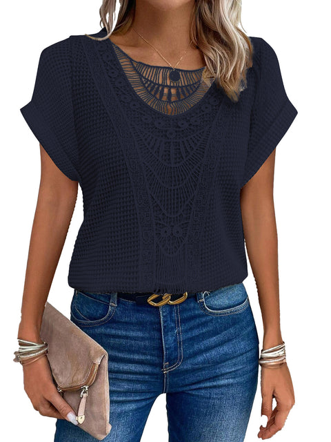 Lace splicing short-sleeved t-shirt spot cross-border women's clothing m301776