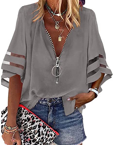 Chemise ample décontractée à col en V et manches mi-évasées avec fermeture éclair et maille pour femme M300887 