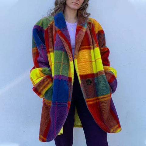 Long-sleeved lapel color matching jacket printed woolen long coat m300585