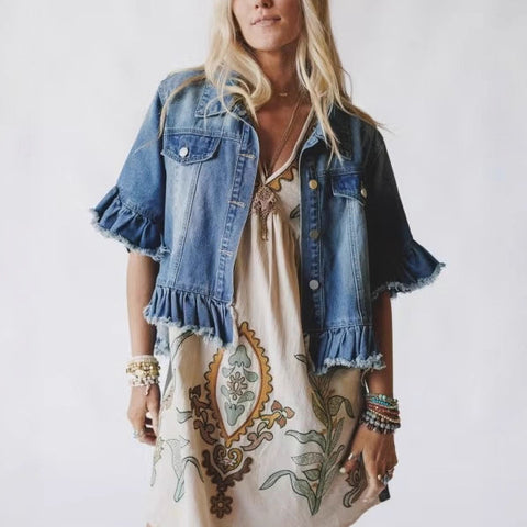 Women's denim short-sleeved ruffled fringed hem denim top m303100