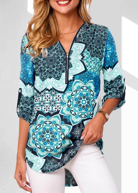 Chemise ample à manches longues et col en V pour femme, grande taille, fermeture éclair, manches retroussables, M300207 