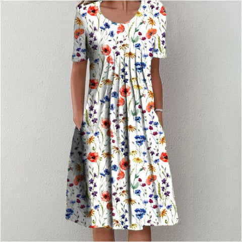 Neues lässiges Kurzarmkleid mit Rundhalsausschnitt und Print m300930 