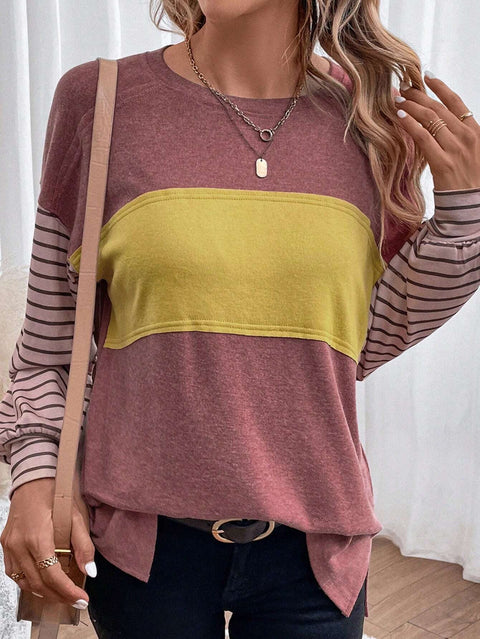 Pullover Rundhals lässig gestreift kontrastfarben Langarm T-Shirt Damen m300875 