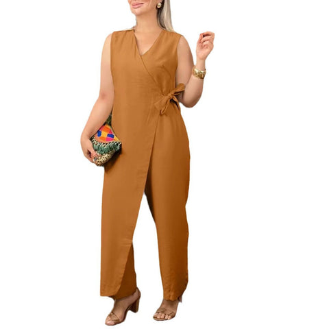 Solid color casual V-neck strap jumpsuit m303023