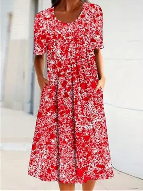 Frühling/Sommer Blumen bedrucktes Rundhals-Taschen-Mittellanges Kleid für Damenbekleidung m300037 