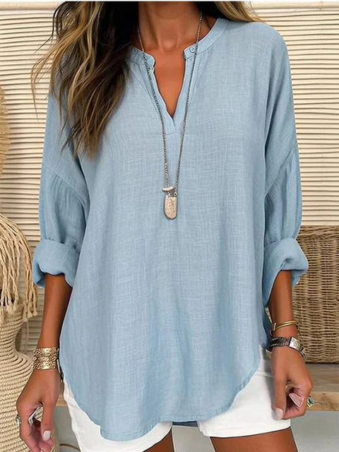 Kleine V-ausschnitt button-down schulter langarm frauen T gebogene saum kleidung m301361 