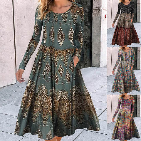 Rundhalsausschnitt, Langarm, lockeres Pendelkleid mit geometrischem Muster, bedruckt, m300700 