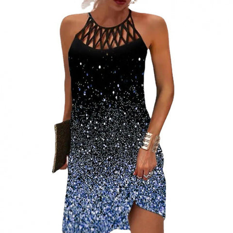Robe imprimée sans manches à col rond et col ajouré, coupe ajustée, dos nu, M300192 