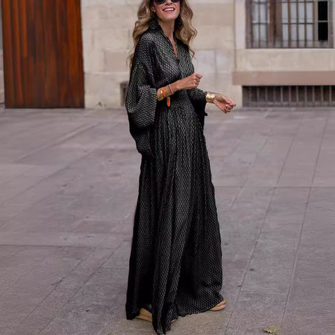 Autumn long-sleeved loose V-neck waist pendulum dress women's m301675