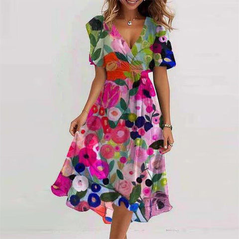 Loose casual comfortable V-neck floral dress m302907