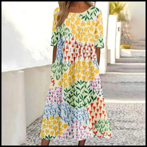 Robe longue décontractée à col ras du cou et manches courtes pour femme, imprimé 3D, taille plissée, style trapèze, m301299 