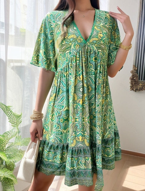 Lässiges bedrucktes Kleid mit V-Ausschnitt für Frühlings- und Sommerferien M300211 