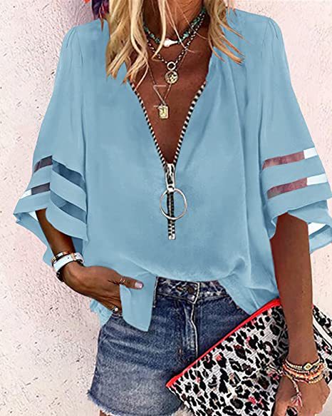 Chemise ample décontractée à col en V et manches mi-évasées avec fermeture éclair et maille pour femme M300887 