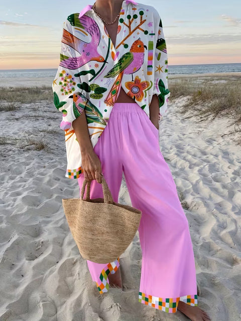 Linglong hemp fish shading casual suit loose sports wide-leg pants marine element casual shirt m303169
