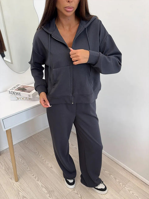 Long Sleeve Zipper Cardigan Hooded Sweater Lace-Up Pants Two-piece Cotton M301805