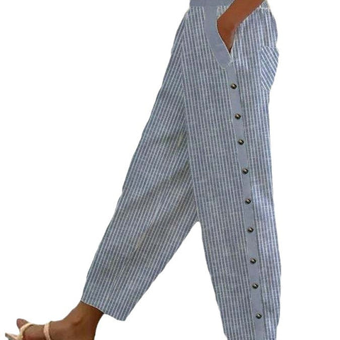 Fashion new printed striped button-up rubber band waist nine-point pants m301458