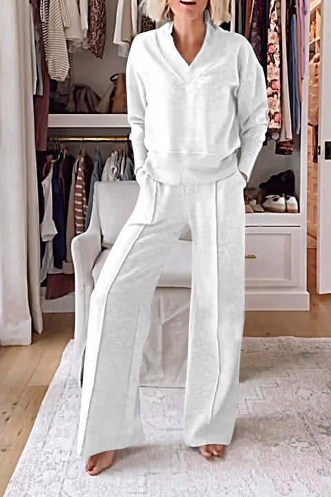 Zweiteiliges Set mit V-Ausschnitt, langärmeligem, lockerem Oberteil und Hose mit weitem Bein, m301327 