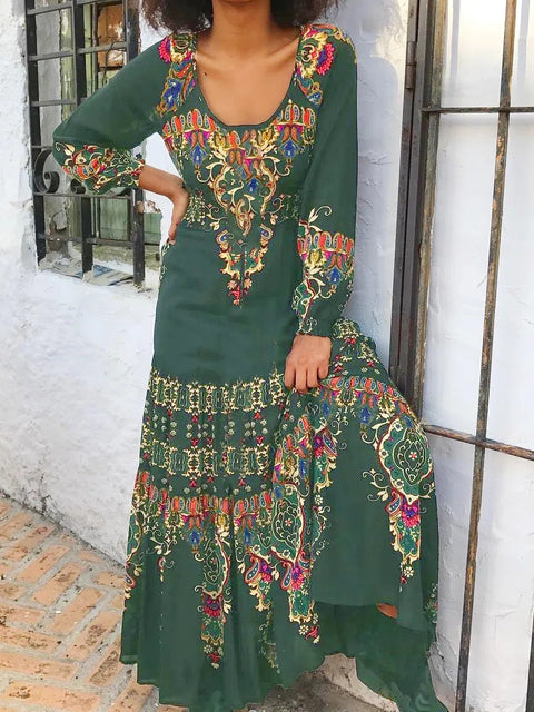 Temperament elegantes Langarmkleid Herbstdruck U-Ausschnitt Strandurlaubsstil langes Kleid m300927 