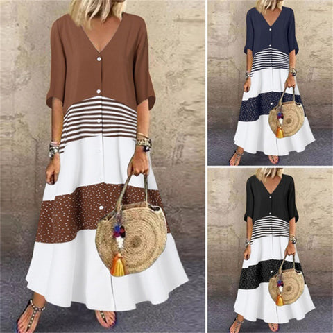 V-Ausschnitt Kurzarm Bedrucktes Langes Kleid Knopf Freizeitrock M300187 