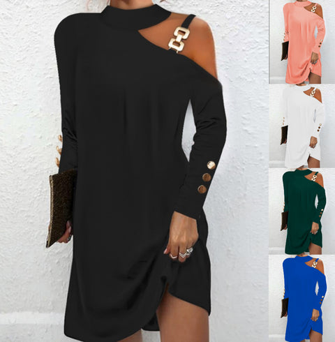 Einfaches Kleid mit Metallschnalle am Hals und Knopfleiste für Damen, m300737 