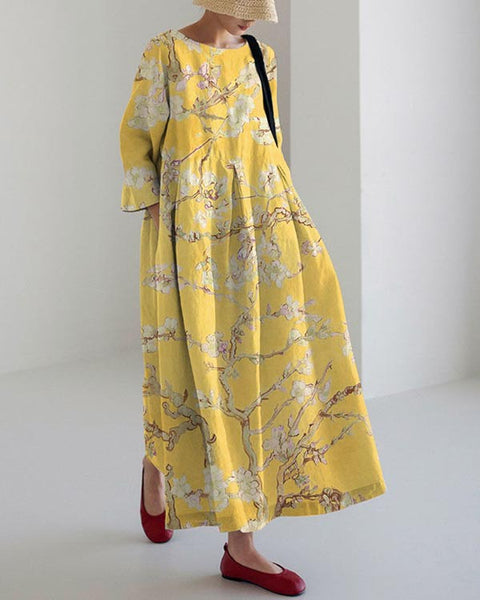 Robe ample à col ras du cou et manches longues imprimée haut de gamme m301044