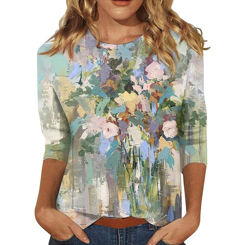 Pullover mit Rundhalsausschnitt und 7/4-Ärmeln, Pflanzenblumen und 3D-Druck, m300615 
