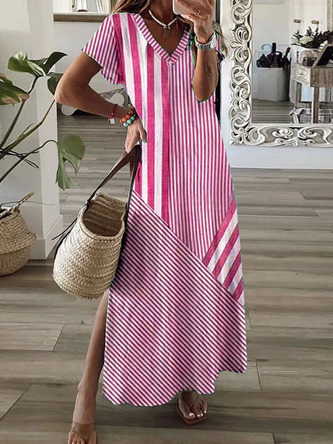 Kleid mit V-Ausschnitt und Schlitz und Streifenmuster m301462 