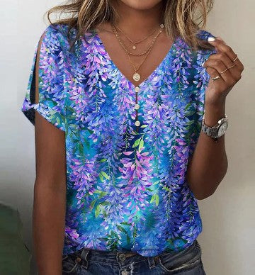 3D printed V-neck button-up T-shirt top daily short-sleeved m301263