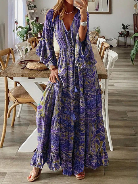 Bohemian Urlaubskleid mit ausgestellten Ärmeln, V-Ausschnitt und hoher Taille, bedruckt, m300709 