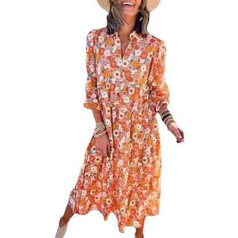 Lockeres, langärmliges, V-Ausschnitt-Kleid für Damen im Bohemian-Stil mit Blumenmuster und eleganter A-Form m300573 
